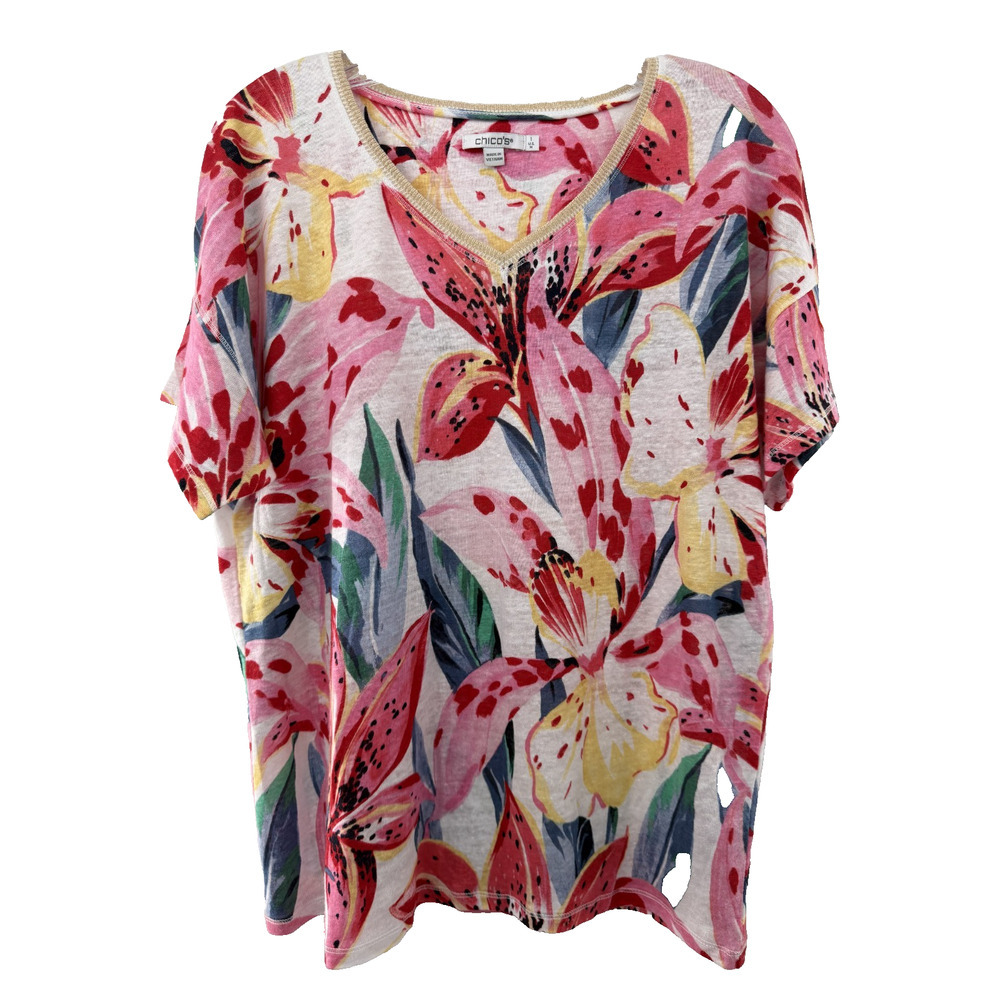 Chico's Women's Metallic Neckline Linen Multicolor Tee size 1/M